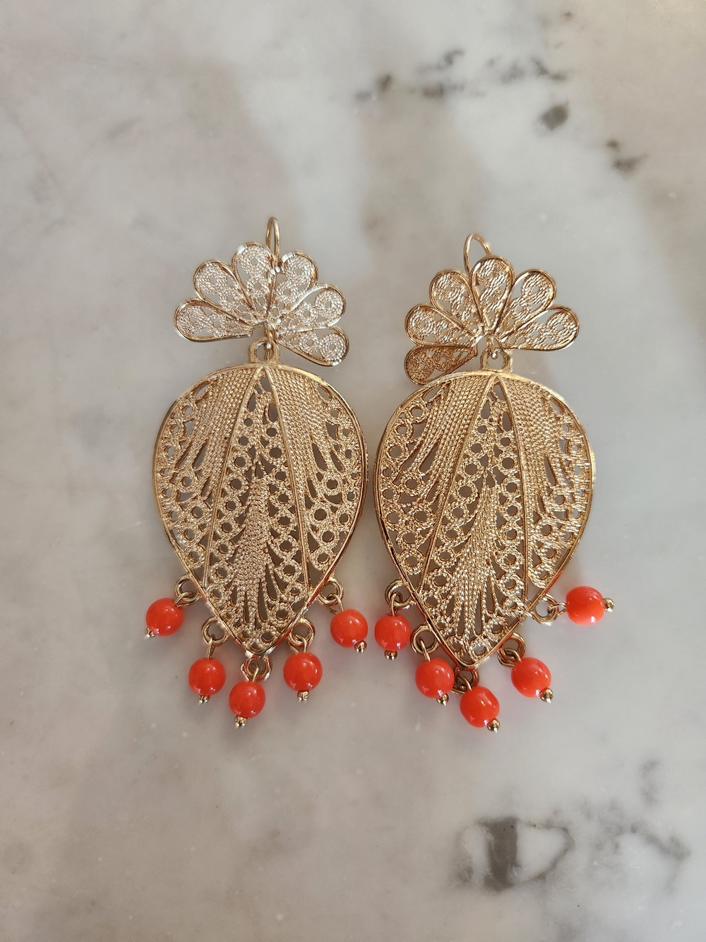 Gold Filigree Teardrop Earrings with Coral Beads